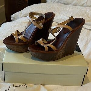 Elizabeth and James Hazel Beige and Brown Leather Platform Wedge Sandals